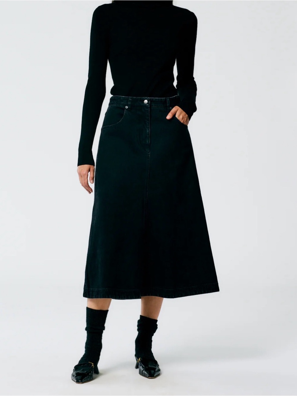 NWT Tibi Black Denim Midi A-Line Skirt